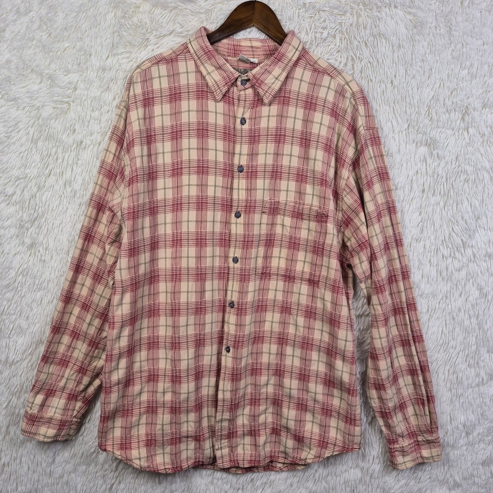 The Territory Ahead Mens XXL Red Tan Plaid Cotton Textured Button‎ Down Shirt